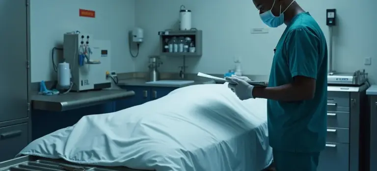 A medical professional wearing a surgical mask and gloves stands beside a covered body on a hospital gurney in a morgue or examination room, preparing for an autopsy.