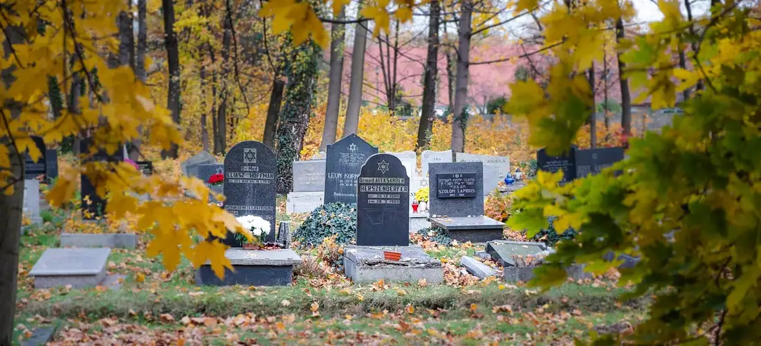 Gravestones in a cemetery framed by yellow and orange autumn leaves