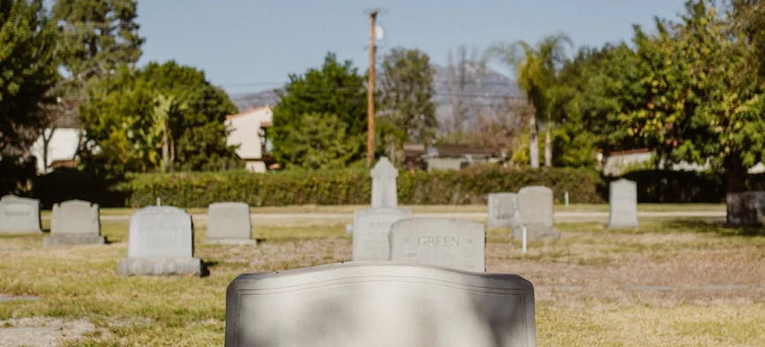 Close-up view of a metallic burial vault in a cemetery with headstones and trees in the distance