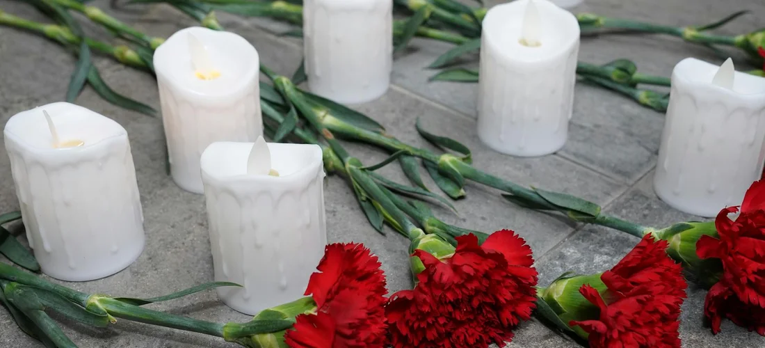 White candles and red carnations arranged on a gray surface in a memorial setting