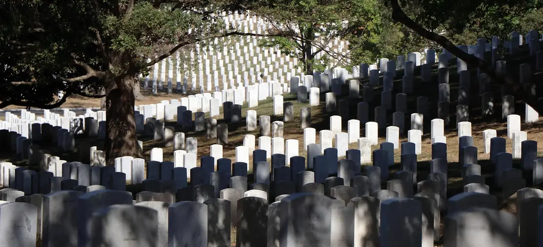 Rows of gravestones in a cemetery with trees overhead.