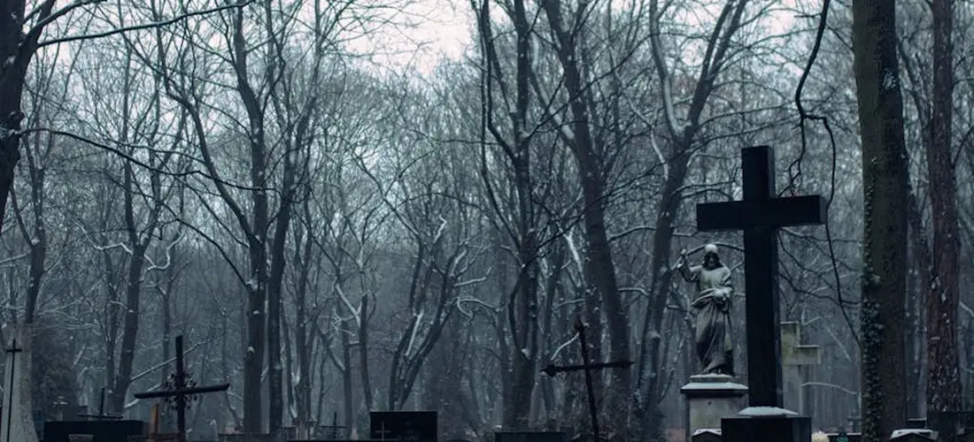 Winter cemetery scene with bare trees, tombstones, and crosses, featuring a statue in the foreground.