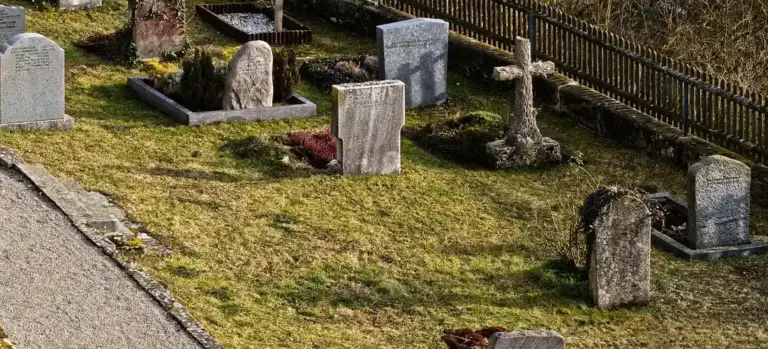 Grassy cemetery scene with weathered headstones and a cross-shaped grave marker, surrounded by a wooden fence.