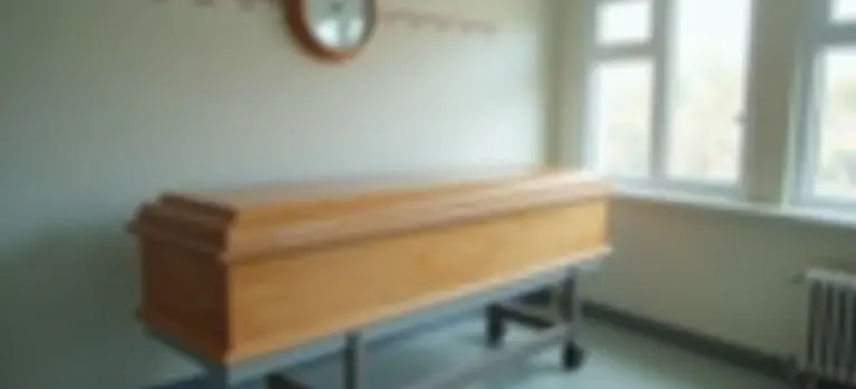 Wooden coffin on a rolling stand in a softly lit embalming preparation room with a clock and window