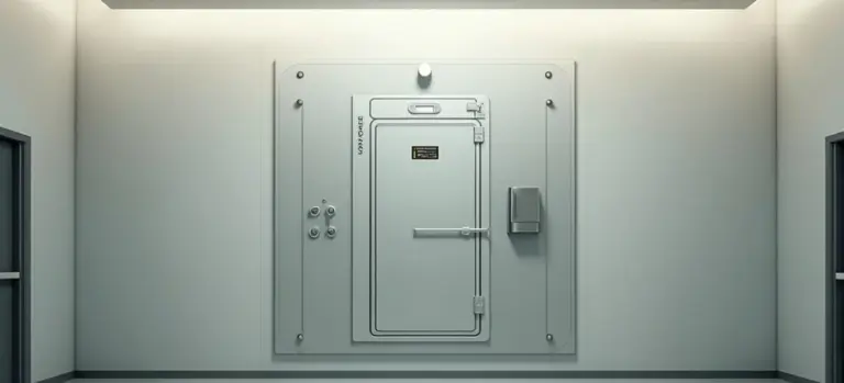 Industrial cremation chamber door in a sterile, clinical room.