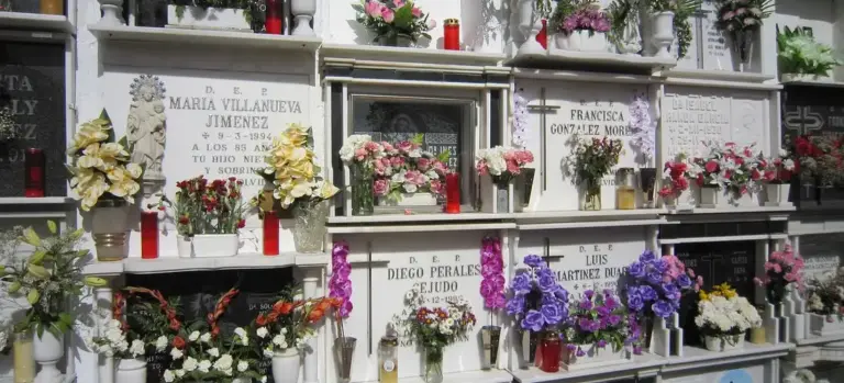Row of cremation niches with memorial plaques and colorful flowers in a cemetery.