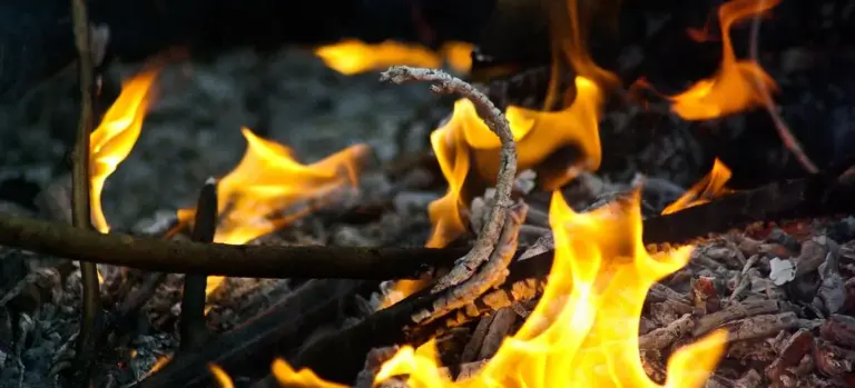 Close-up of orange flames engulfing charred wooden fragments and ashes in a cremation setting.