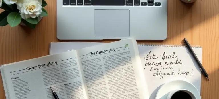 Laptop, open newspaper about obituaries, and a notebook with handwritten notes on a wooden desk with a plant nearby.