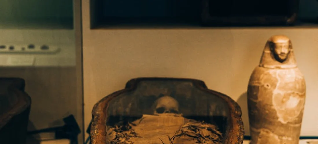 A dimly lit embalming prep area with shelves and vintage equipment, including a chair-like device and a bottle on the right.