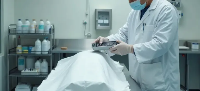 A medical professional wearing a mask and gloves performs embalming on a body covered with a sheet in a clinical laboratory.