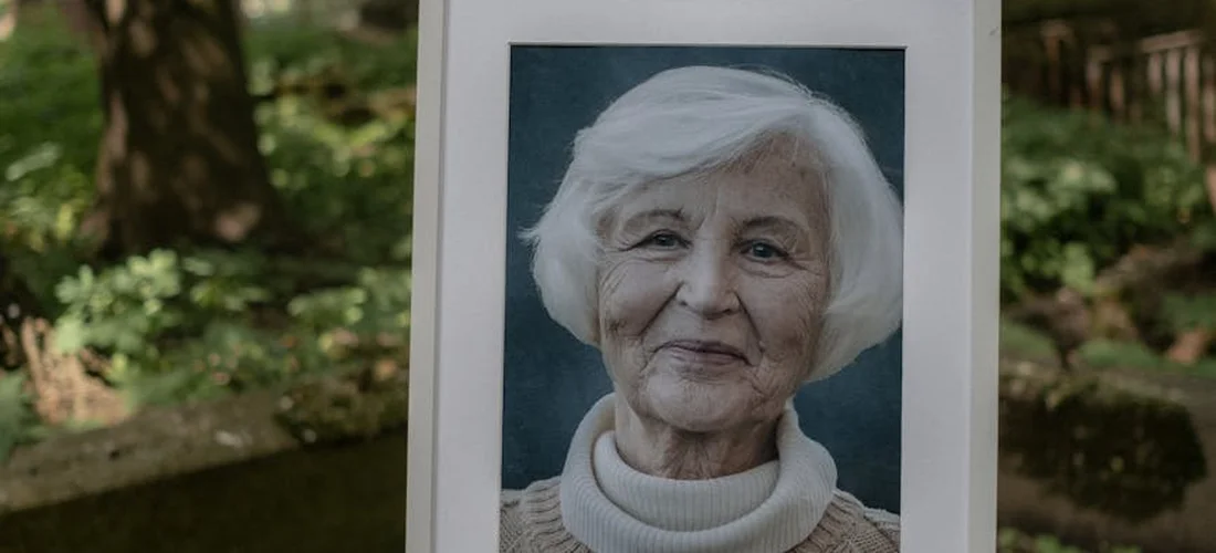 Portrait of an elderly woman in a white frame outdoors, symbolizing a cherished memory for a funeral slideshow.