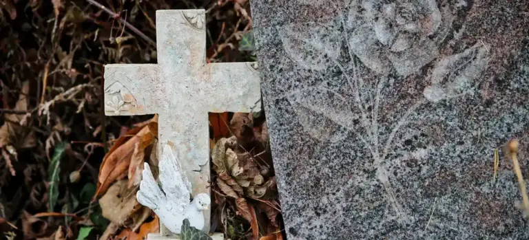 A white cross and a gravestone in a cemetery with autumn leaves, representing funeral settings.