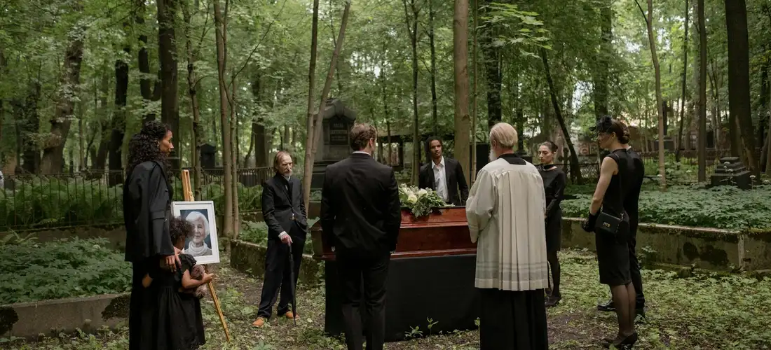 Mourners in black gather around a coffin in a wooded outdoor funeral setting; a framed photograph rests on a stand beside them, and a clergyman leads the ceremony.