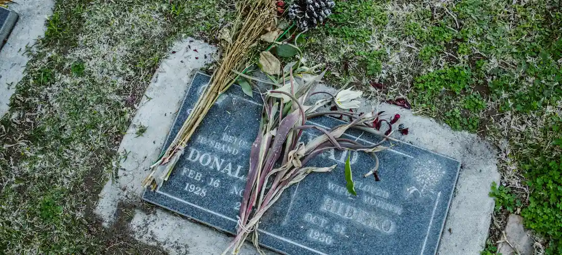 Two cemetery gravestones with a small bouquet of stems and greenery laid across them on a mossy grave.