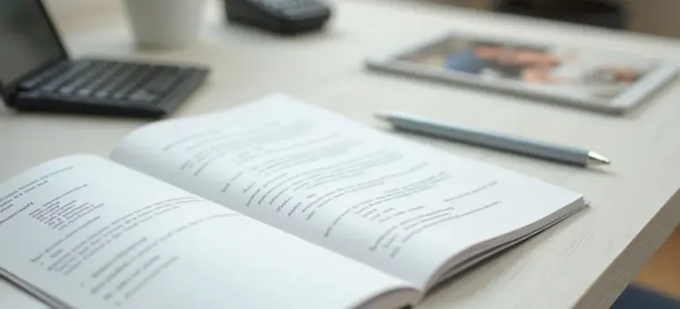 Open book on a desk with a pen and a calculator in the background, suggesting planning and researching funeral expenses.