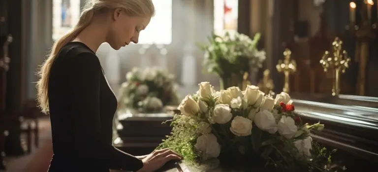 A woman in a black dress stands beside a floral arrangement in a church.