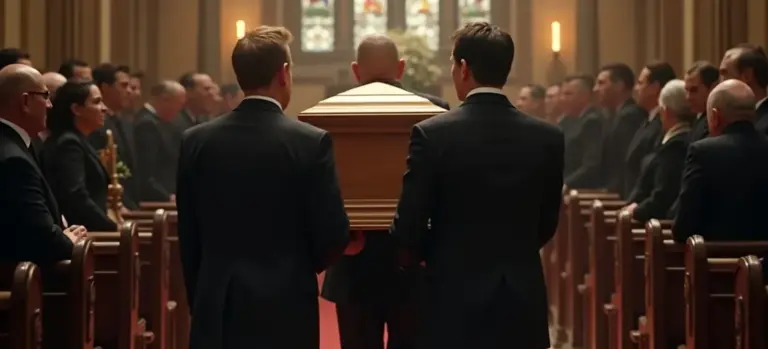 Pallbearers in formal attire carry a casket down the aisle of a church during a funeral, with mourners seated on either side.