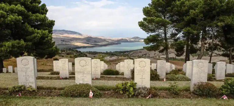Rows of white headstones in a cemetery with green trees and a distant landscape under a clear sky.