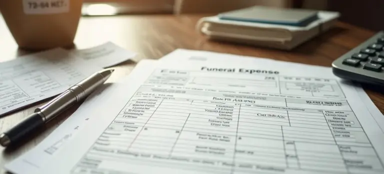 Close-up of a funeral expenses form on a desk with a pen and a calculator.