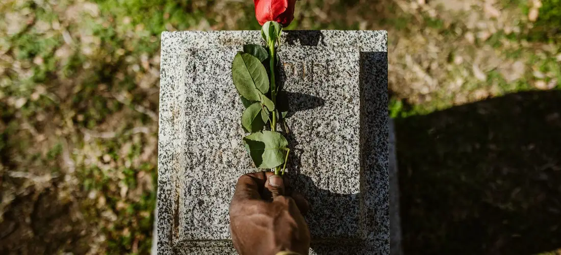 A hand holds a red rose over a gravestone in a sunlit cemetery