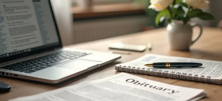 Desk with a laptop, notebook, pen, and a printed obituary, illustrating the process of drafting and publishing a death notice.