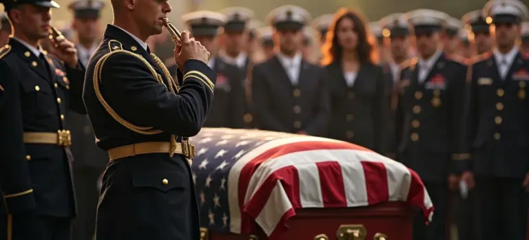 A bugler in dress uniform plays Taps at a military funeral, standing beside a flag-draped casket while other servicemembers in uniform observe in the background.
