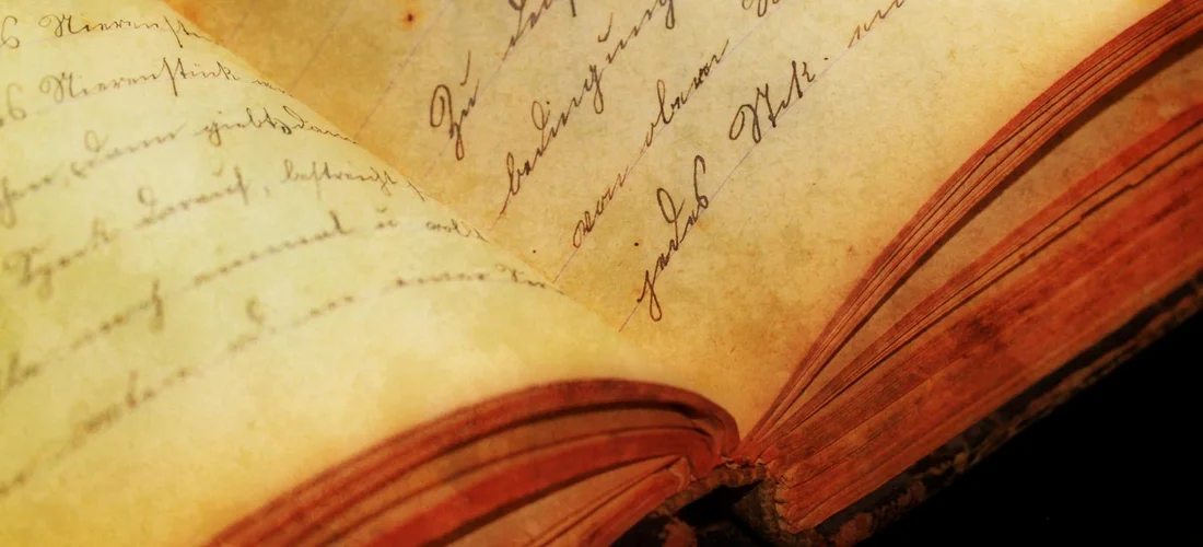 Close-up of an open aged book with yellowed pages and cursive handwriting, bound in brown leather