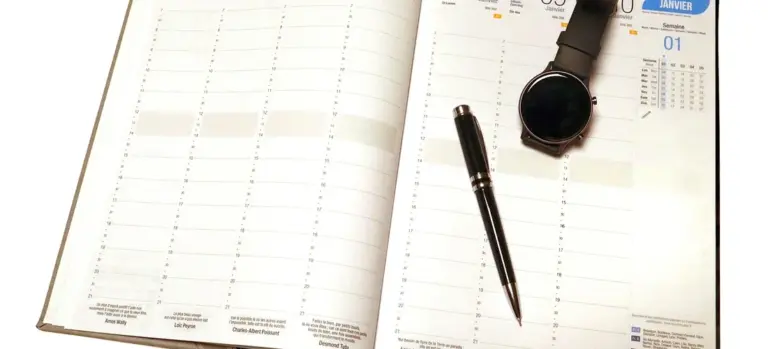 Open planner displaying calendar pages with a black pen resting across them and a wristwatch nearby on a white surface
