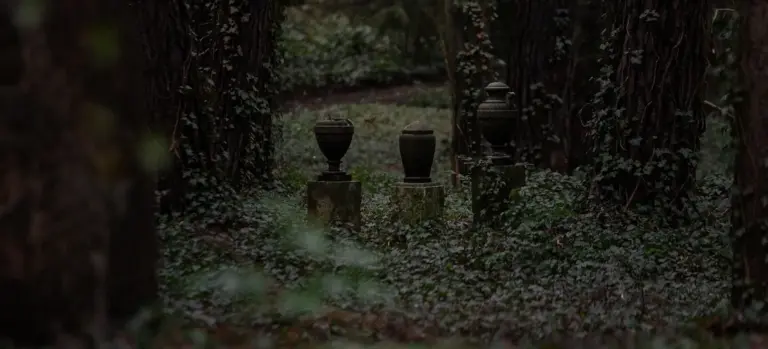 Dimly lit wooded memorial area with stone urns on pedestals among trees