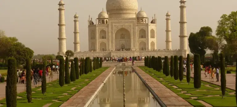The Taj Mahal with its reflecting pool and symmetric gardens