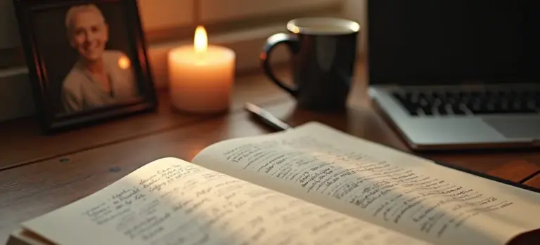 Open notebook with handwritten notes on a wooden desk, a flickering candle, a framed photo of a smiling older man, a mug, and a laptop
