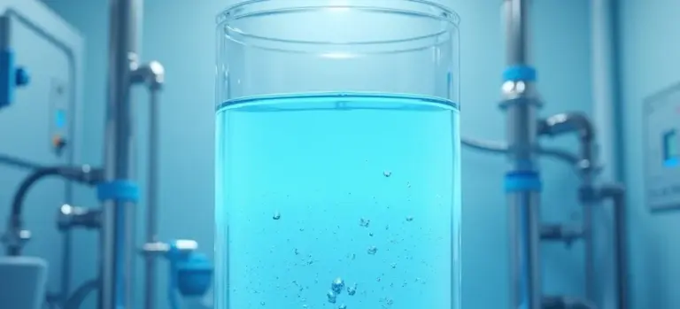 Close-up of a glass cylinder filled with bright blue liquid in a laboratory setting, representing water cremation (alkaline hydrolysis).
