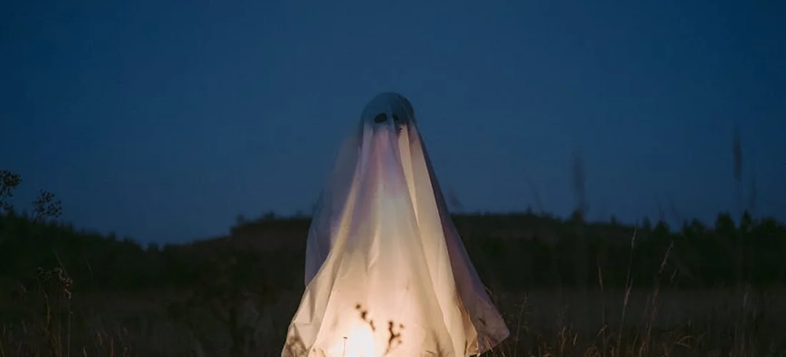 A person wearing a translucent burial shroud standing in a field at dusk, lit from within.