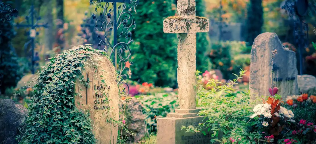 Gravestones, a cross, and greenery in a cemetery, symbolizing the embalming profession
