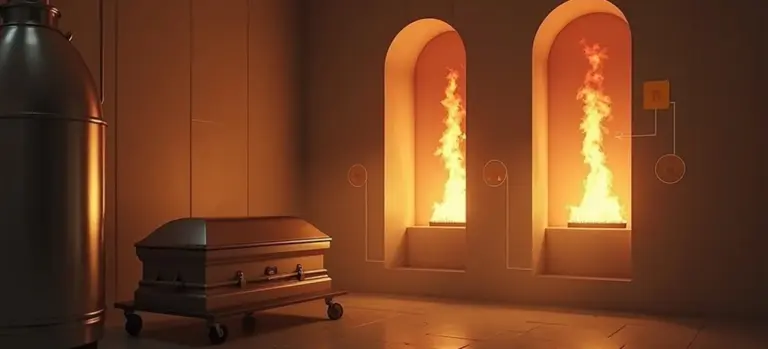 Cremation chamber with a coffin on a wheeled trolley in front of arched furnace openings emitting flames.