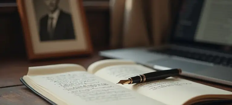 Open notebook with handwritten notes on a desk, a fountain pen resting on the page, with a laptop and a framed photo in the background, suggesting obituary writing.