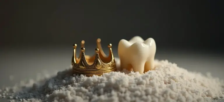 Gold dental crown and a tooth resting on a mound of cremation ash.
