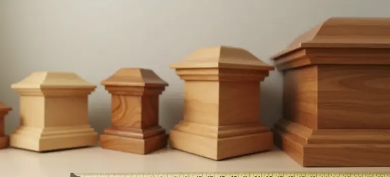 Row of wooden coffins in varying sizes lined up on a shelf